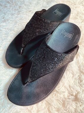 FitFlop Black Glitter Thong Sandals Comfort Wedge Flip Flops US 9